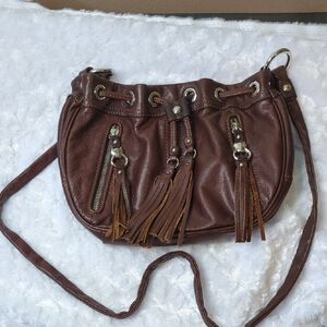 B. Makowsky Brown Leather Tassel Crossbody Bag EUC